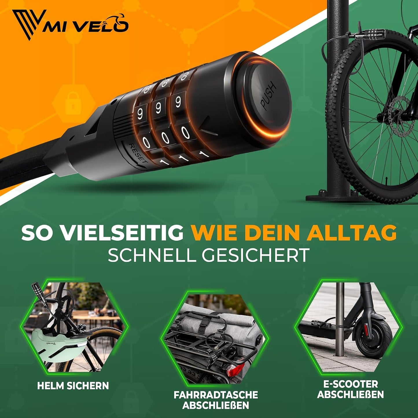 Mivelo Kabelbindslot met Cijfercode - Voor helm, fiets en Scooter - Ø50 cm