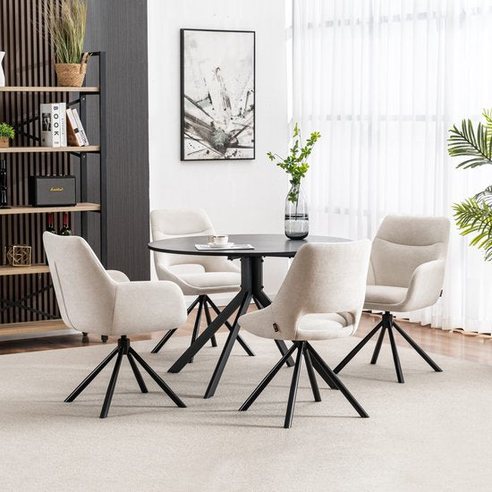 Furnihaus Olivia Draaibare Eetkamerstoel – Met Armleuning – Beige – Comfortabele Stoffen Design Stoel voor Eetkamer of Woonkamer