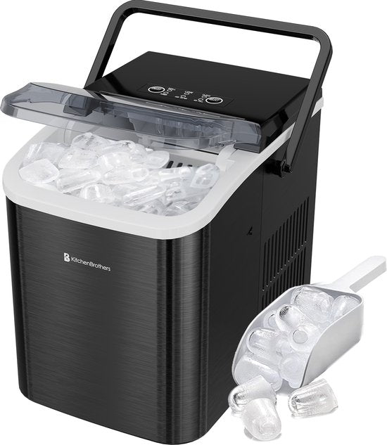 KitchenBrothers IJsblokjesmachine - 1.5L - IJsblokjesmaker - IJsschep – 12kg/24 uur - Draagbaar - Zelfreinigingsfunctie - Gunmetal RVS