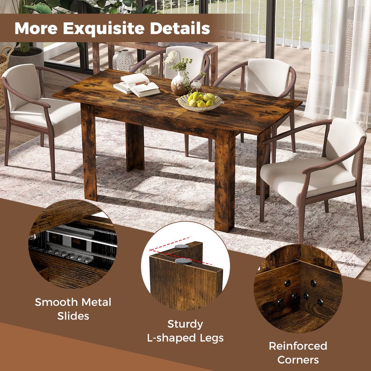 Coast Uitschuifbare Eettafel - Verstelbaar tafelblad - L-vormige poten - Koffiebruin 158 x 70 x 76 cm