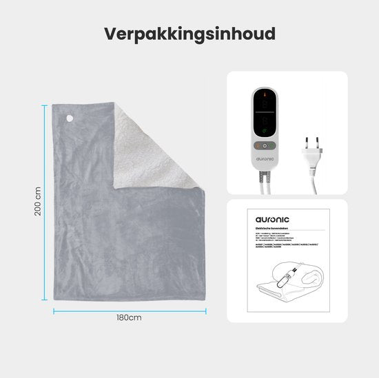 Auronic Elektrische Deken - Warmtedeken - Sherpa Fleece - 9 Hitte en Timerstanden - Bovendeken - 200x180 - 2 persoons - Grijs