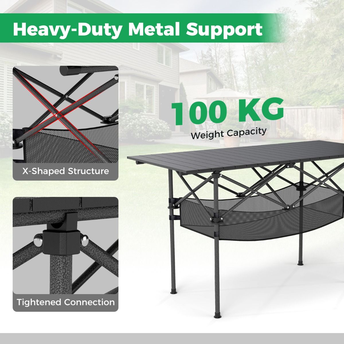 Coast Opvouwbare Campingtafel - Oprolbaar aluminium tafelblad - Met netmand - Zwart 119 x 56 cm