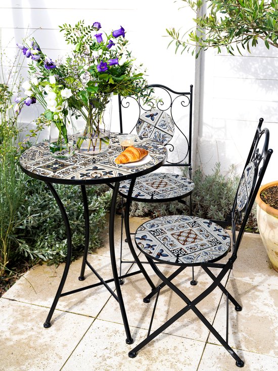 AXI Amélie Bistro Stoelen – Inklapbaar – Zachtblauw – Metalen inklapbare tuinstoelen – Hoge rugleuning – Set van 2 stuks – Mozaïeklook – Ingelegd met keramische tegels – 150 kg draagkracht – Tuin, terras of balkon