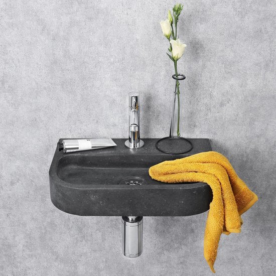 Differnz Ovale Small Fonteinset - Wasbak Natuursteen - Zwart - Rechte Kraan - Chroom - Standaard Greep - 38 x 24 x 8 cm