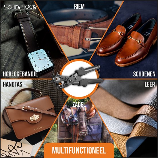 SolidStock Professionele Gaatjestang voor riem - Inclusief Meetlat - Ponstang - Revolvertang - Zwart
