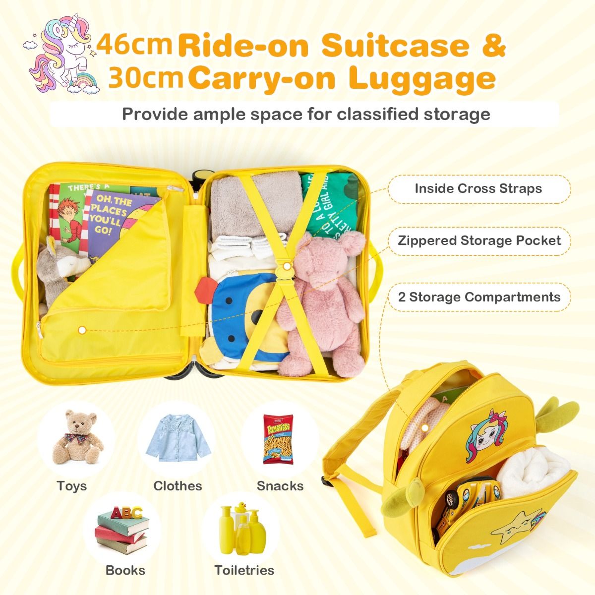 Coast Kinderkoffer en Rugzak Set - Ride-on Koffer met Wielen - Rugzak met Schattig Bijenmotief - Geel