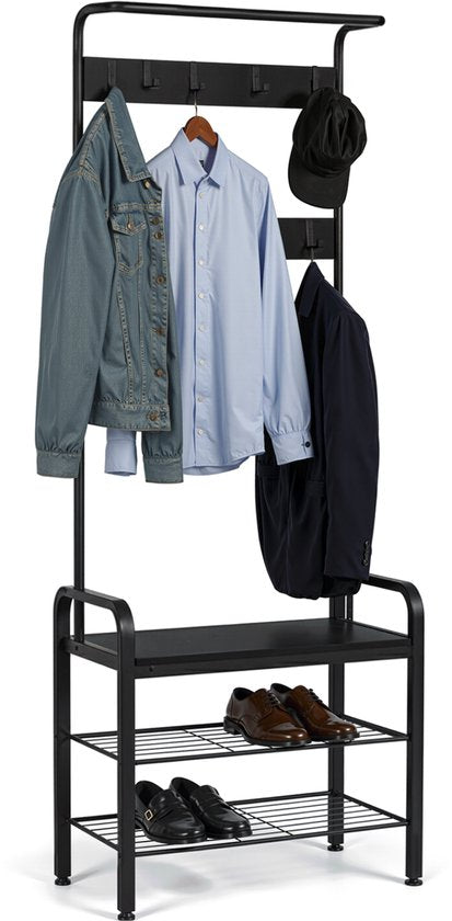 Goliving Kapstok – Garderoberek – Halmeubel – Schoenenrek – Schoenenkast – Industriële kast – Metaal/Hout – 72 x 34 x 183 cm – Zwart