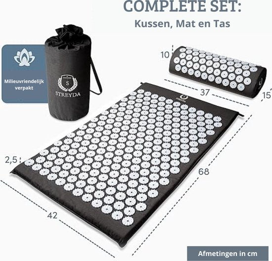 Premium Acupressuurmat – Acupressuurmat Set – Spijkermat – Shakti Mat – Massagemat – Optimale Ontspanning – Inclusief Tas en Kussen – Overal Bruikbaar – Hoogwaardig Materiaal - Zwart