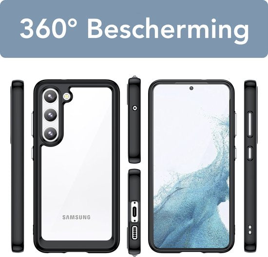 Podec Hoesje Geschikt voor Samsung Galaxy S23 Zwart en Transparant Telefoonhoesje - Anti-Shock Case Cover met 2x Screenprotector