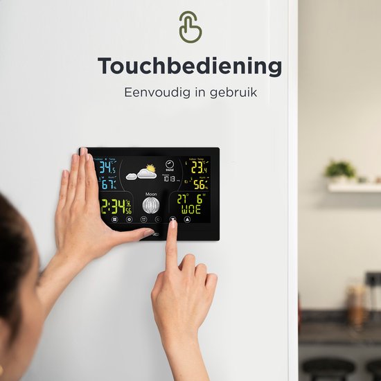 LONQ Weerstation Binnen en Buiten Q3 - Incl. Batterijen - Draadloos Weerstation met Buitensensor - Thermometer Hygrometer - Touchscreen Kleurendisplay - DCF Gestuurde Klok