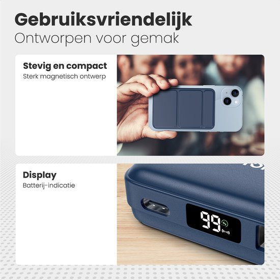 Auronic Powerbank - 10000 mAh - Geschikt voor iPhone 12/13/14/15 en MagSafe - 22.5W - Draadloos opladen - Blauw