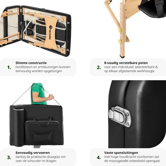 tectake® - Massagetafel behandeltafel met matras van 10 cm hoog + draagtas - extra dikke vulling, water- en oliebestendige vinylhoes, opvouwbaar ontwerp, inclusief opbergtas, ideaal voor salon, tatoeage, therapie - zwart