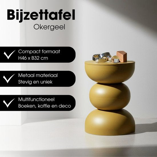 Mica Decorations Luna Bijzettafel - Bijzettafel Rond H46 x Ø32 cm - IJzeren Tafeltje voor Slaapkamer of Woonkamer - Nachtkastje of Plantentafeltje - Okergeel