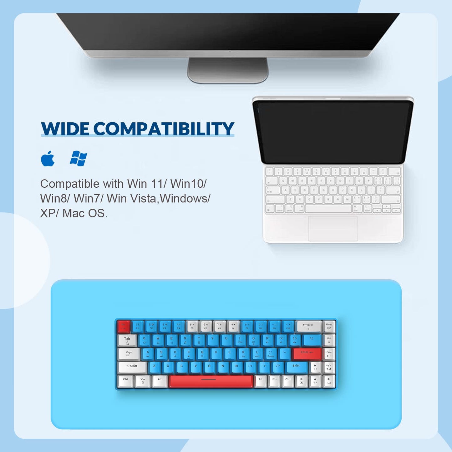 YINDIAO T8 60% gaming keyboard, 68 keys, compact, wired, mechanical mini keyboard with 18 Chroma RGB backlight, red switches, USB-C coiled keyboard cable, for PC, Mac — light grey