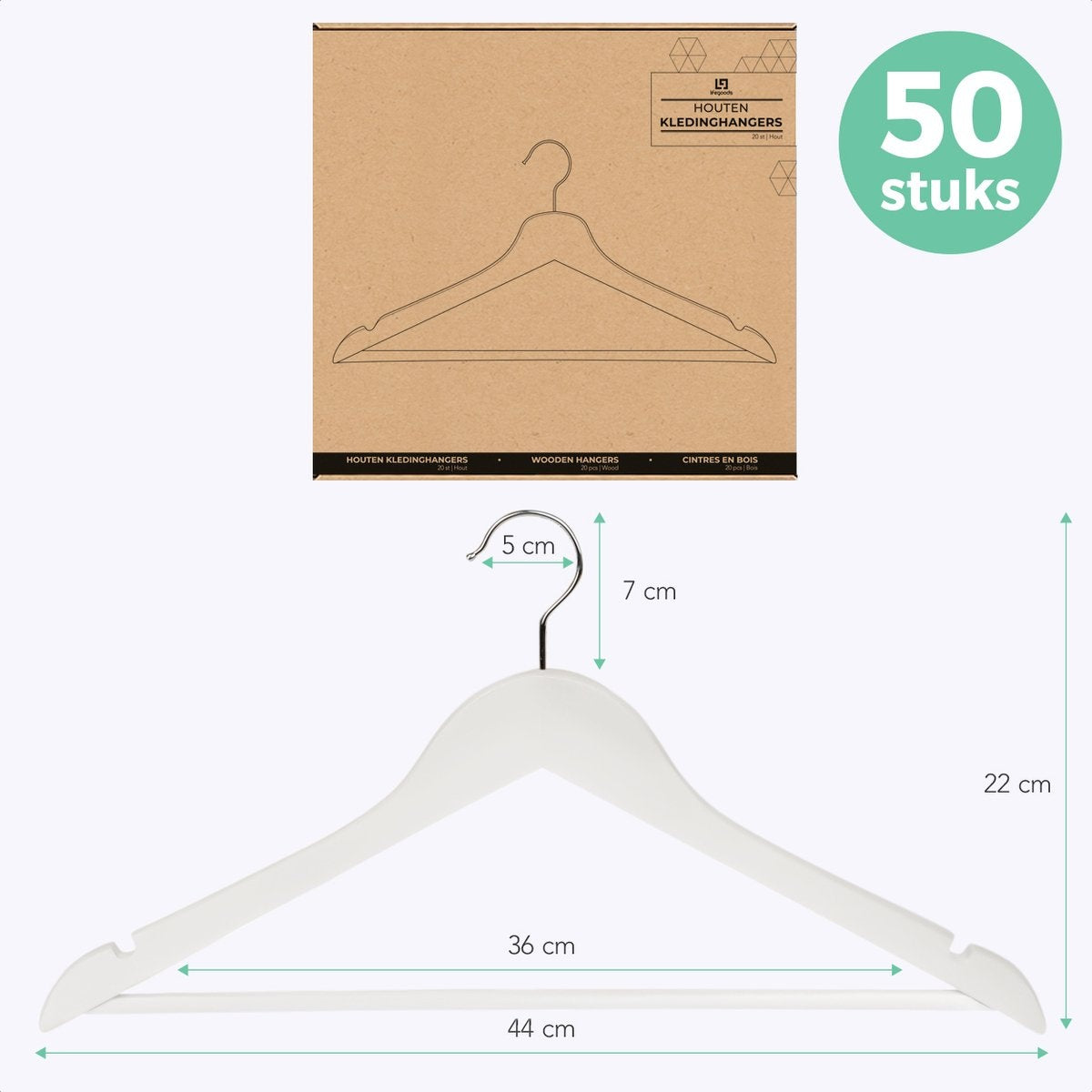 LifeGoods Kledinghangers - Met Broeklat - Hardhout - Wit - 50 Stuks