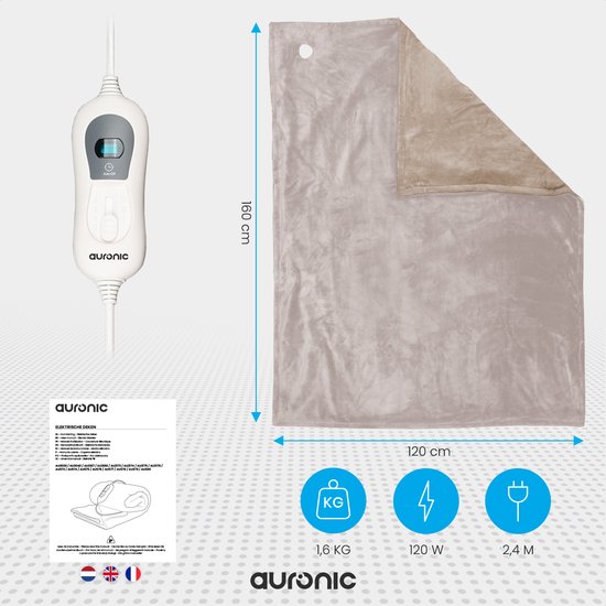 Auronic Elektrische Warmtedeken - 1 Persoons - 3 Warmtestanden - met Timer - 160 x 120cm - Taupe