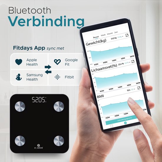 e.volve Weegschaal Personenweegschaal Digitaal - 20x - Zwart - Slimme Weegschaal met Lichaamsanalyse - Precisie Weegschaal - Weegschalen - Digitale Weegschaal - Incl. App