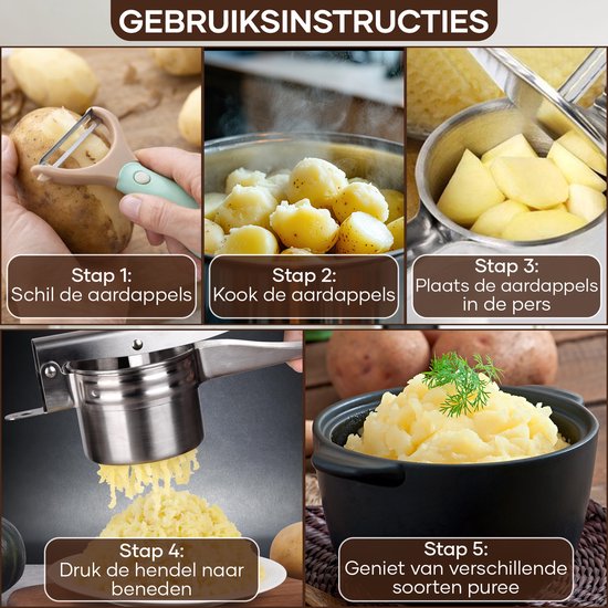 Qualisce Aardappelpers - Pureeknijper - Pureestamper - 3 Schijvige Aardappelpers - Pureerder - Inclusief multifunctionele Schiller