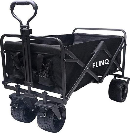 FlinQ Bolderkar tot 130 KG - Opvouwbaar - Strandkar met Duwstang - Inklapbare Bolderwagen voor Strand - 100L Inhoud met Draaibare Wielen - Zwart