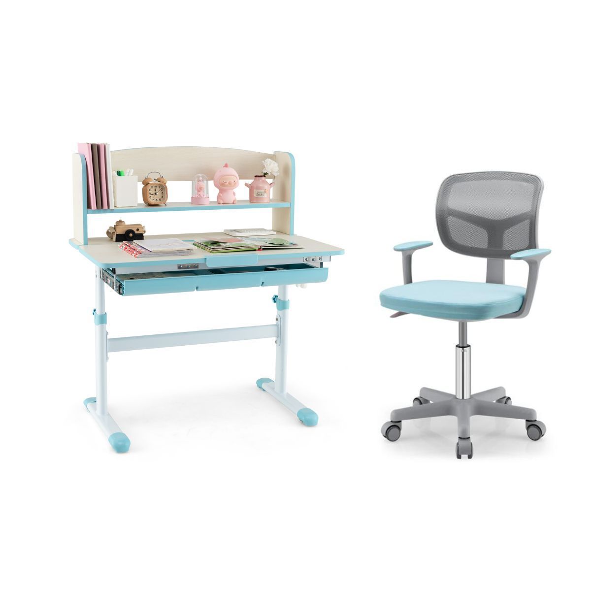 Kinderbureau met Kinderstoel - Blauw - Verstelbare Hoogte - Kantelbaar Bureaublad - 3-12 Jaar