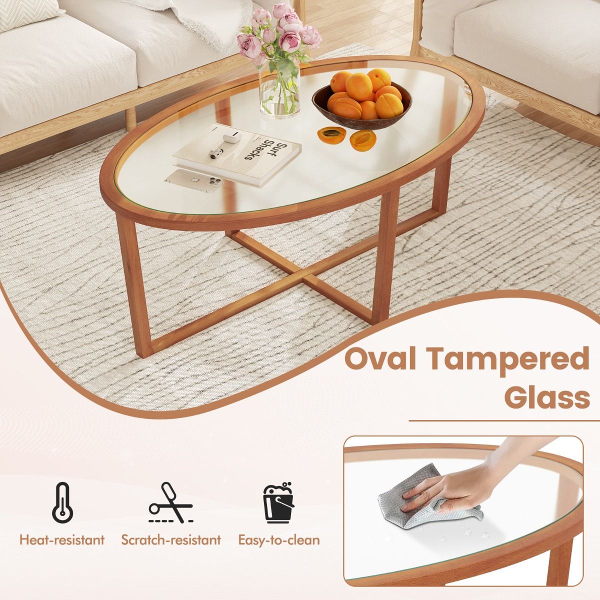 Coast salontafel - ovaal gehard glas - kruisvoet acaciahout - bruin - 118 x 71,5 x 47,5 cm