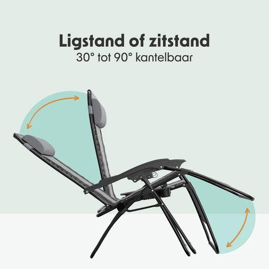 LifeGoods Ligstoel Comfort - Opvouwbaar - 30°-90° Verstelbaar - Beker en Telefoonhouder - Tuinstoel - Zwart/Grijs