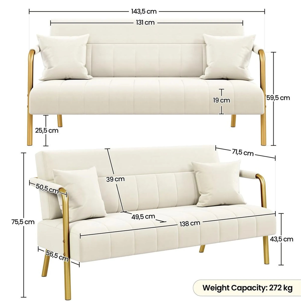 2-zits Gestoffeerde Bank met Armleuningen en Metalen Poten Beige 143,5 × 71,5 × 75,5 cm