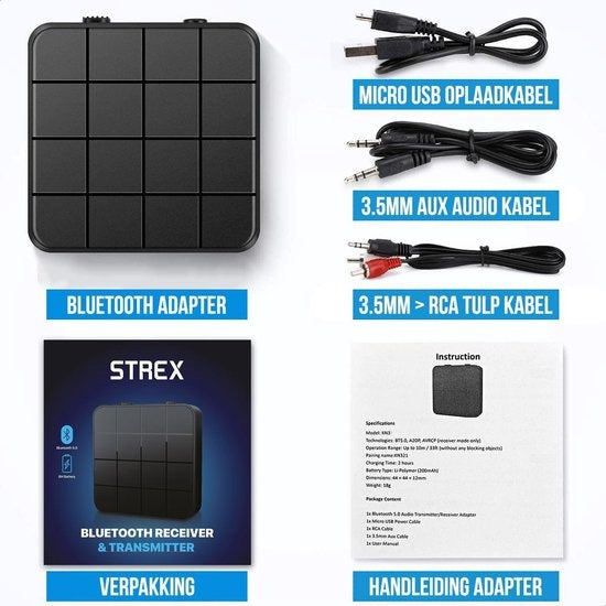 Strex Bluetooth Transmitter & Receiver 2 in 1 - BT 5.0 - 3.5MM AUX / RCA - Bluetooth Zender - Bluetooth Ontvanger - Bluetooth Transmitter - Bluetooth Receiver