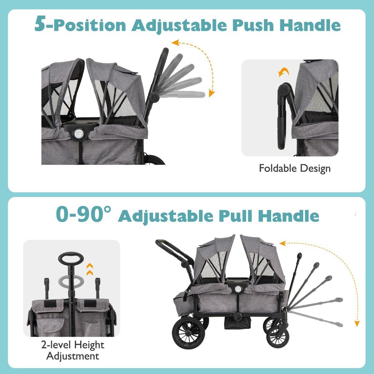 Coast 2-in-1 Opvouwbare Geschwisterwagen - Grijs - 104 x 57 x 107 cm – Verstelbare Handgreep & Afneembare Kap