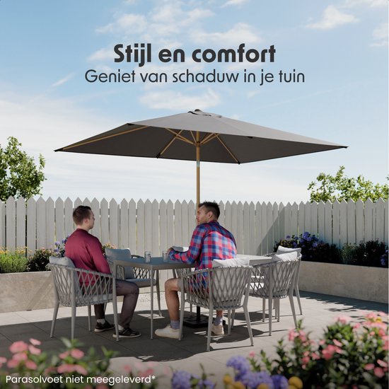LifeGoods Parasol - Tuin - 270x180cm - 30° Kantelbaar - Waterdicht - UPF50+ - Houtkleurige coating - Donkergrijs