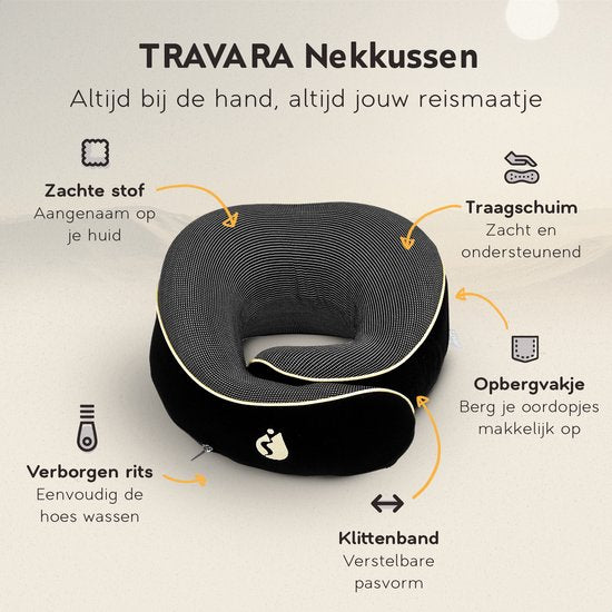 TRAVARA Nekkussen - Reiskussen - Voor Vliegtuig - Auto - Traagschuim - Memory Foam - Met Oordoppen - Zwart