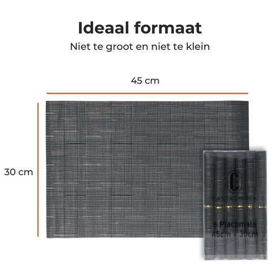 Castagnola Placemats - Placemat van Kunststof - Onderlegger - Onderzetter - Placemats Plastic en PVC - 6 Stuks - 45 x 30 cm - Zwart