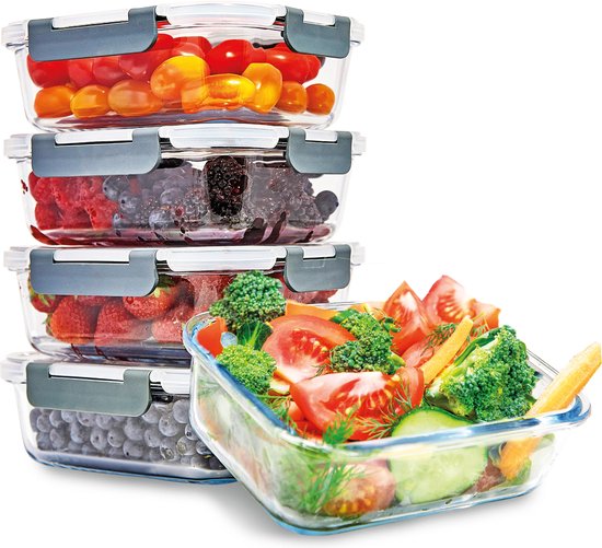 KitchenBrothers Meal Prep Bakjes - Glazen Vershoudbakjes - Luchtdicht - BPA Vrij - 1L - Glas - 5 Stuks
