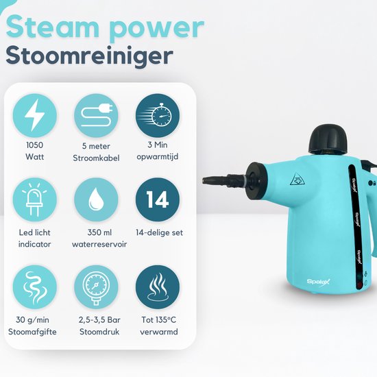 Spalax 14-in-1 Stoomreiniger - 3,5 Bar Handstomer - Vlekkenreiniger - Stoomreinigers vloer, bank, tapijt & kleding - Handstoomreiniger - Tapijtreiniger - 1050W - 350 ML