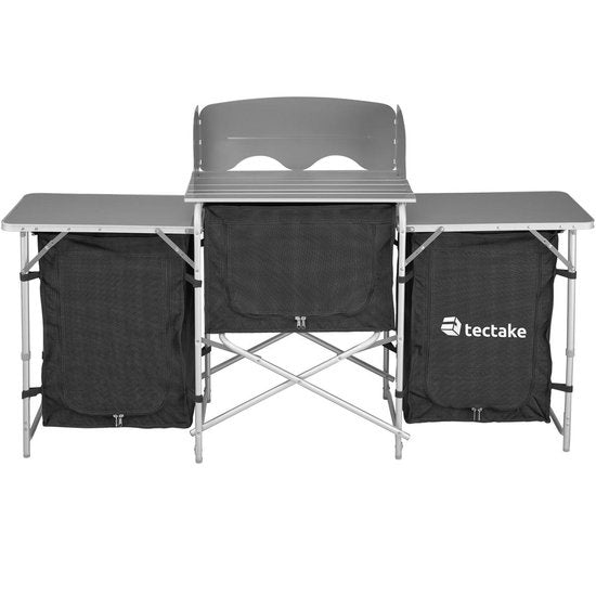 tectake® - Campingkeuken 172x52x104cm - Opvouwbaar - Afsluitbare compartimenten - Stevige werkbladen - Incl. windscherm- zwart