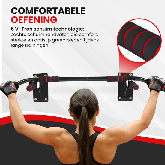 TTD® Premium Pull Up Bar – Wandmontage Dip Station – Tot 250KG – Home Workout – Zwart/Rood