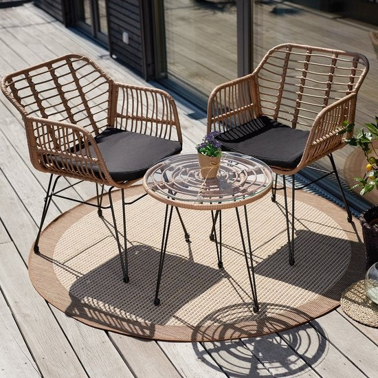 tectake® - outdoor wicker zitgroep, meubel voor 2 personen, 3-delig. Bistroset, balkonmeubel, tuinmeubelset met 2x stoelen + tafel, kleine lounge weerbestendig voor tuin, balkon of terras - natuurkleur - poly-rattan