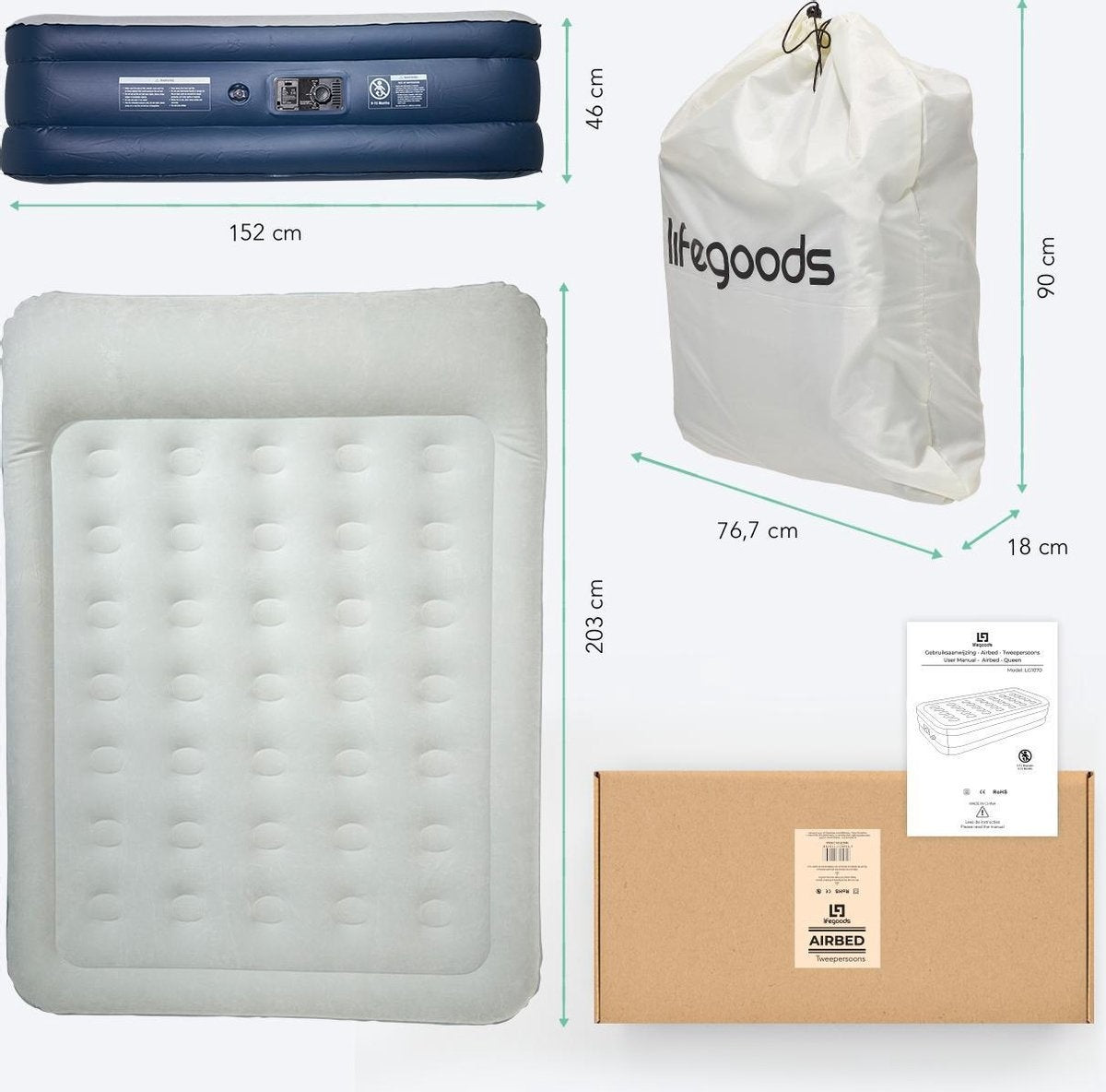 LifeGoods luchtbed voor 2 personen geïntegreerde pomp incl. draagtas en reparatieset Blauw
