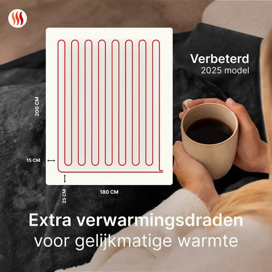 Seranova Elektrische Deken 3XL - Extra Warmtedraden - Premium Model - 200x180 cm - 2 persoons Warmtedeken - Dubbelzijdig Fleece Sherpa - Grijs