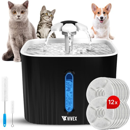 Vivex® Drinkfontein - Waterfontein voor Katten en Honden - Incl. 12 Filters en reinigingsgereedschap - Zeer Stil - Extra Filters
