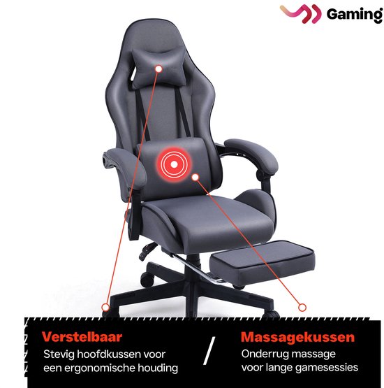 VDD - gamestoel met voetsteun - gewatteerde armsteunen - hoogte verstelbaar - massagekussen - grijs