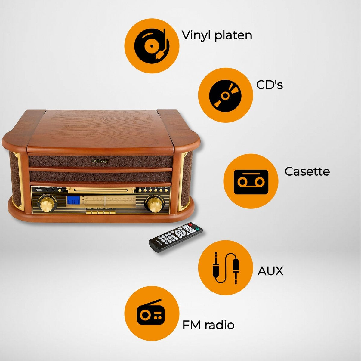 Denver Retro Platenspeler - Ingebouwde Speakers en Versterker - Radio CD Speler - MCR50 -Hout