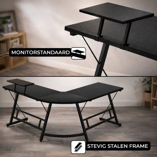 Bayt Hoekbureau - Bureau - Game Bureau - Gaming bureau - L vormig bureau - Computertafel - Zwart - 129 x 129 x 74 cm
