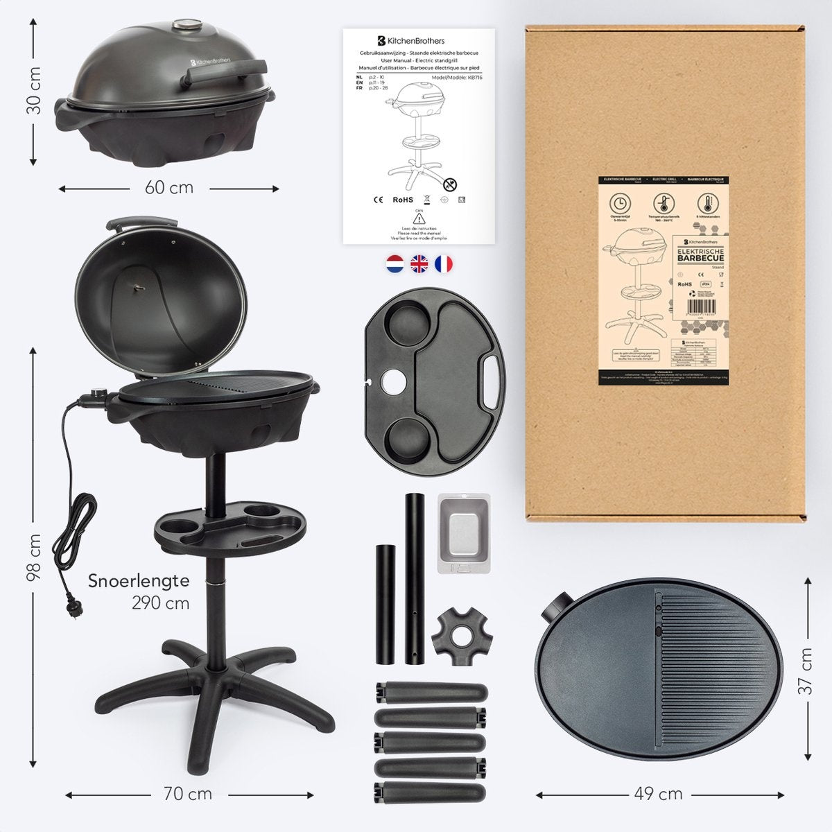 KitchenBrothers Elektrische BBQ - met Grillplaat - Anti-aanbaklaag - Incl. Plank/Houders - Grilloppervlak 46,5x33,8cm - tot 300°C - 2400W - Zwart