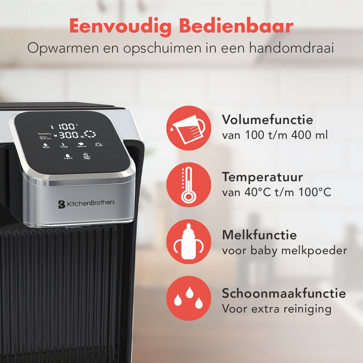 KitchenBrothers Heetwaterdispenser – 2,7L Inhoud, Instelbare Temperatuur – 2600W – 26,4 x 15 x 30,2 cm – RVS/Zwart