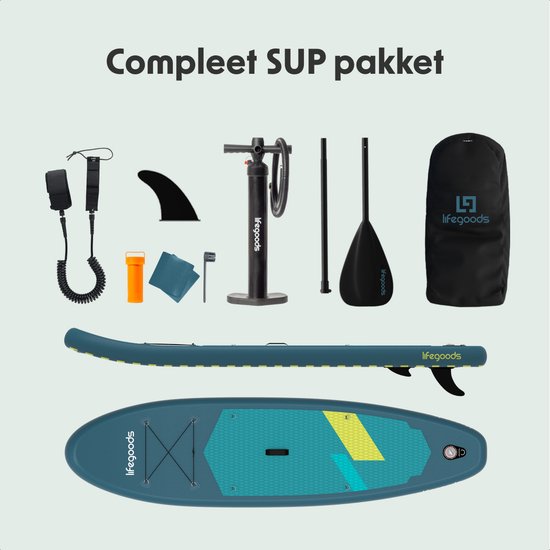 LifeGoods SUP Board Allround Compact - 100 KG Draagkracht - 300 x 76 cm - Opblaasbaar - Compleet SUP pakket - Cyaan/Donkergroen
