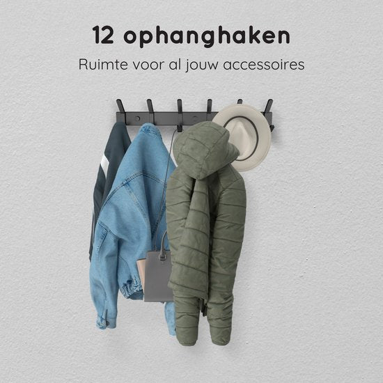 Volcan Wandkapstok - 12 Haken - RVS - Muur Kapstok Hangend - Industrieel - 3M Tape - Zwart