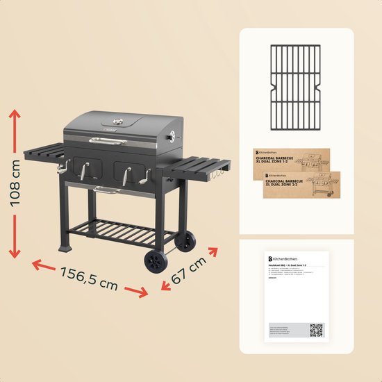 KitchenBrothers Houtskool BBQ XL - Dual Zone Smoker Barbecue - Met Verstelbare Kolenroosters & Inklapbare Zijtafels - PFAS-vrij - 42,3x75,8cm Grilloppervlak - Zwart