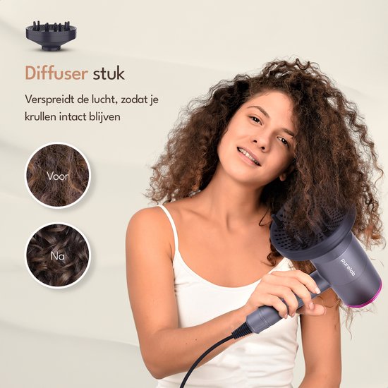 Purelab Föhn met Diffuser 2000W - Ionische Haardroger met Coolshot Technologie - Hair Dryer met 3 Standen - Krullen - Haarföhn Zwart