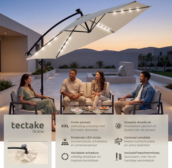 tectake® Zweefparasol met Voet - 3,5 x 3,5 m - Tuinparasol met LED-Verlichting op Zonne-Energie - Draaibaar - Waterafstotend Polyester met UV-Bescherming - Inclusief Hoes - Beige